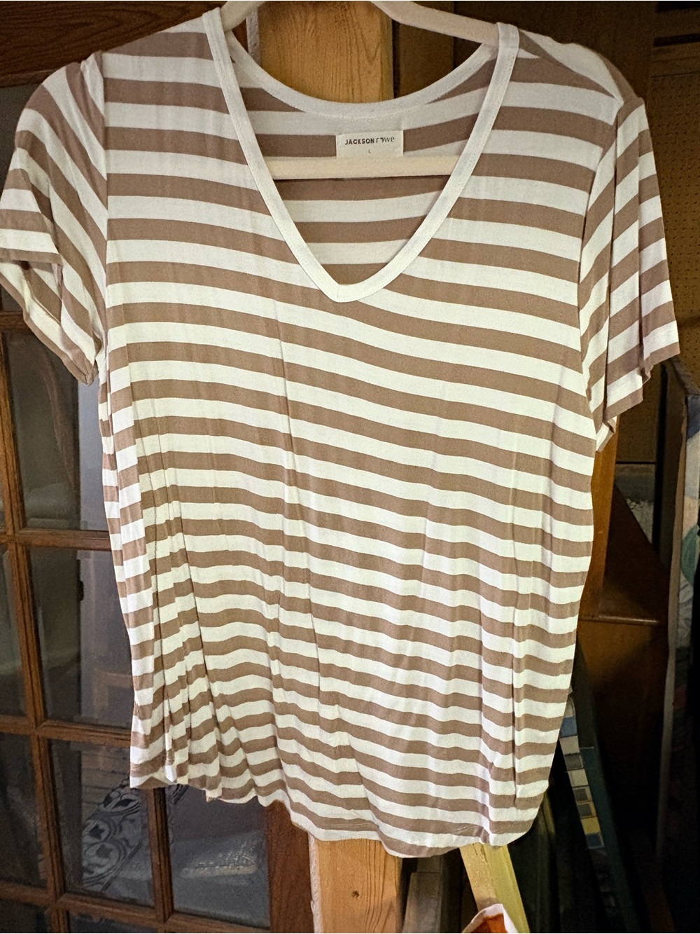 Jackson Rowe Cream and Tan Striped V-Neck Tee